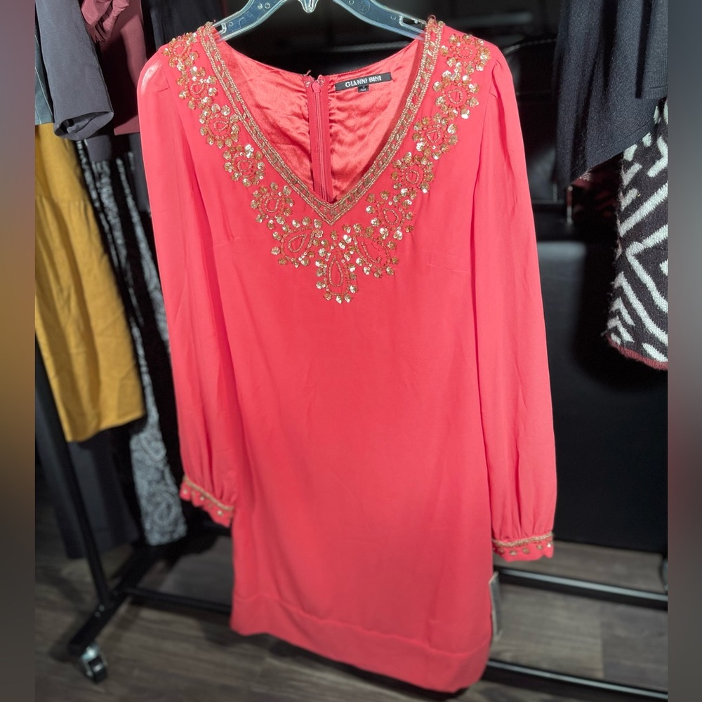 🛑 Gianni Bini Women's Coral-colored, Silk-georgette Shift Valentine Dress
